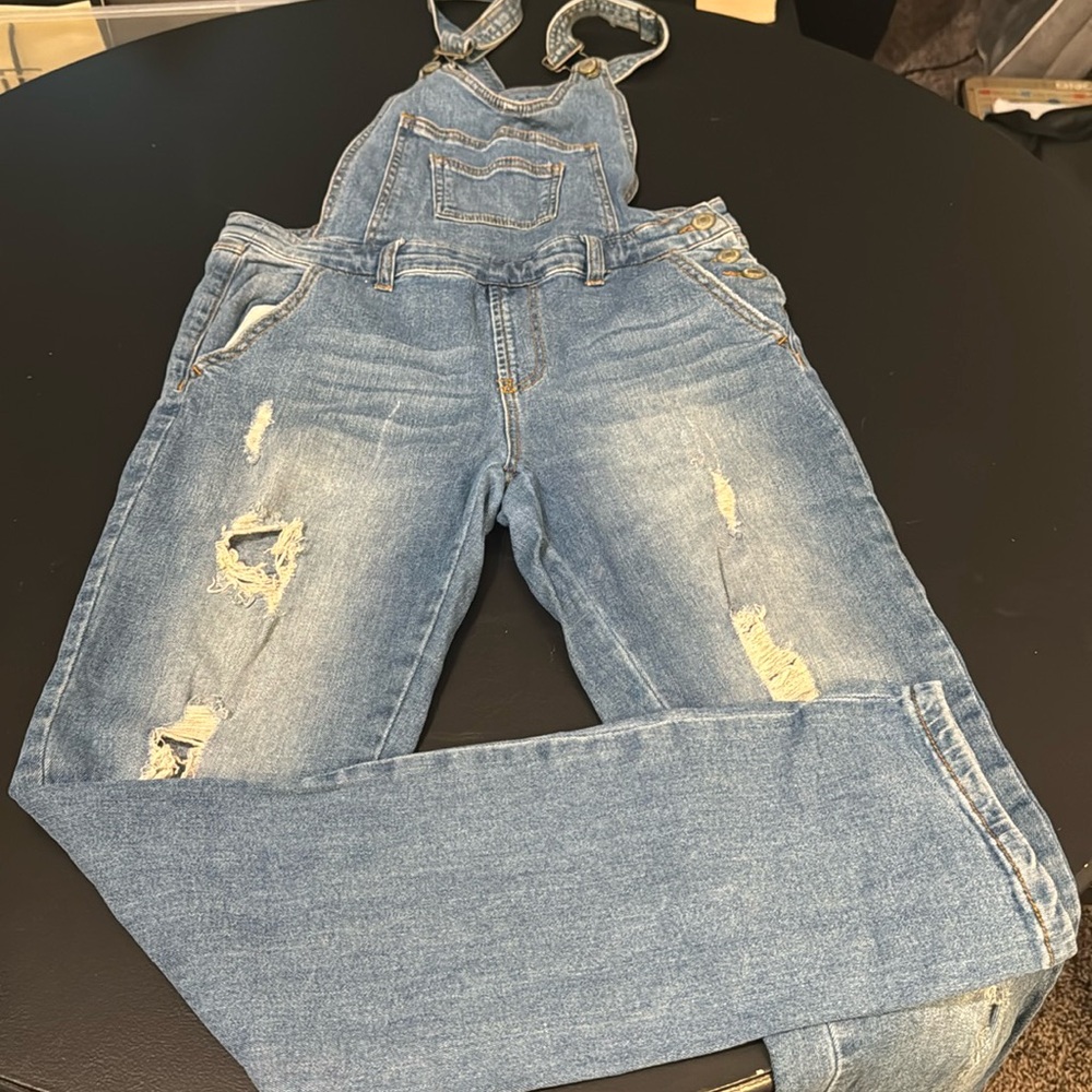 Distressed straight leg overalls